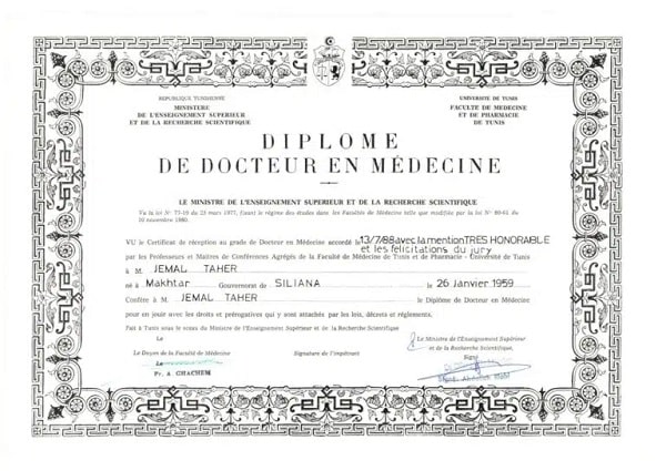 Diplôme du Dr Djemal Taher